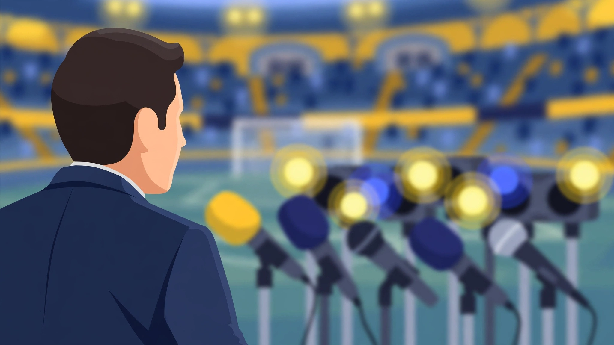 Illustration of a club executive speaking to reporters at a stadium press conference