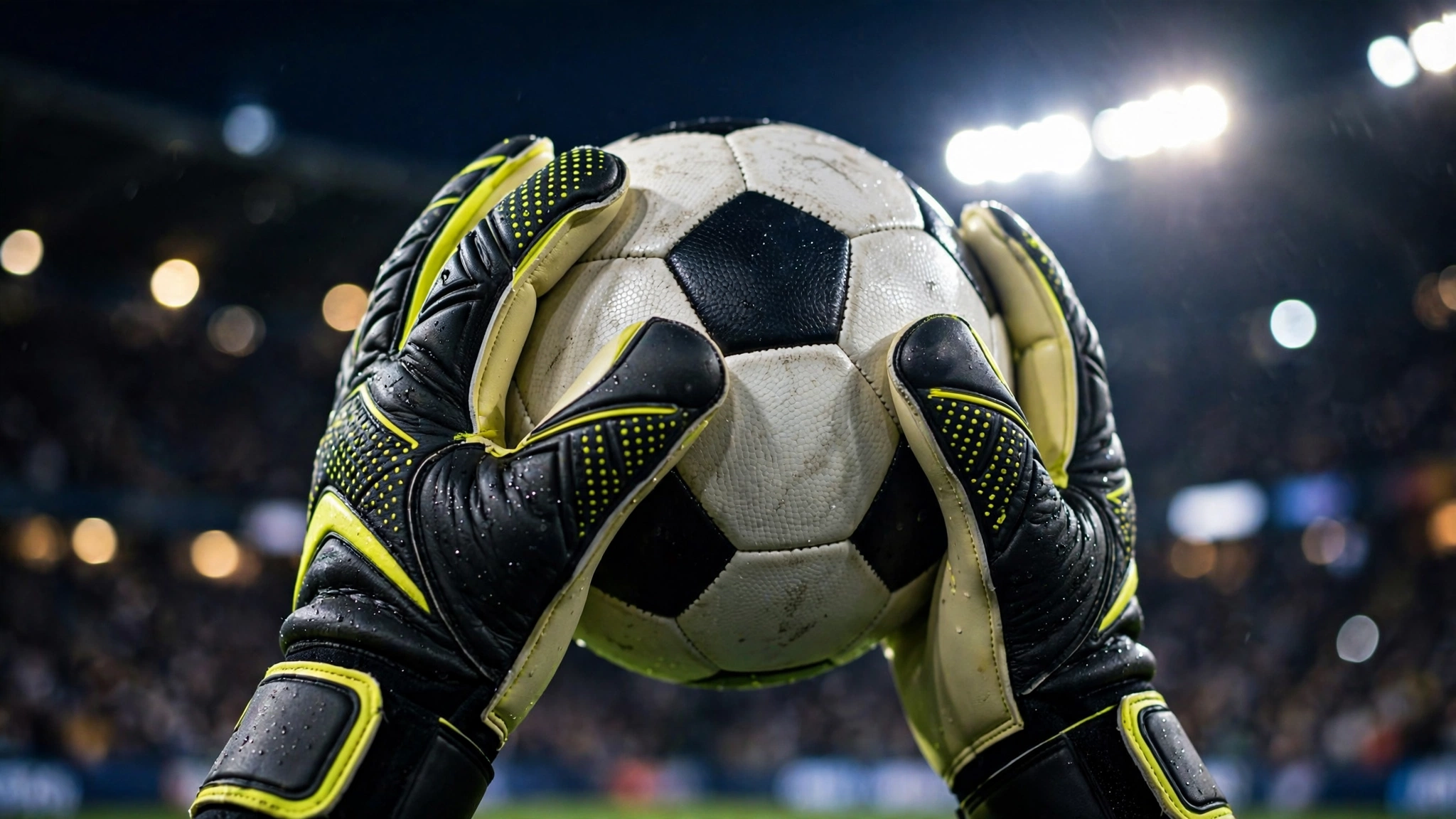 malagon-goalkeeper-featured Goalkeeper gloves catching a soccer ball under stadium floodlights