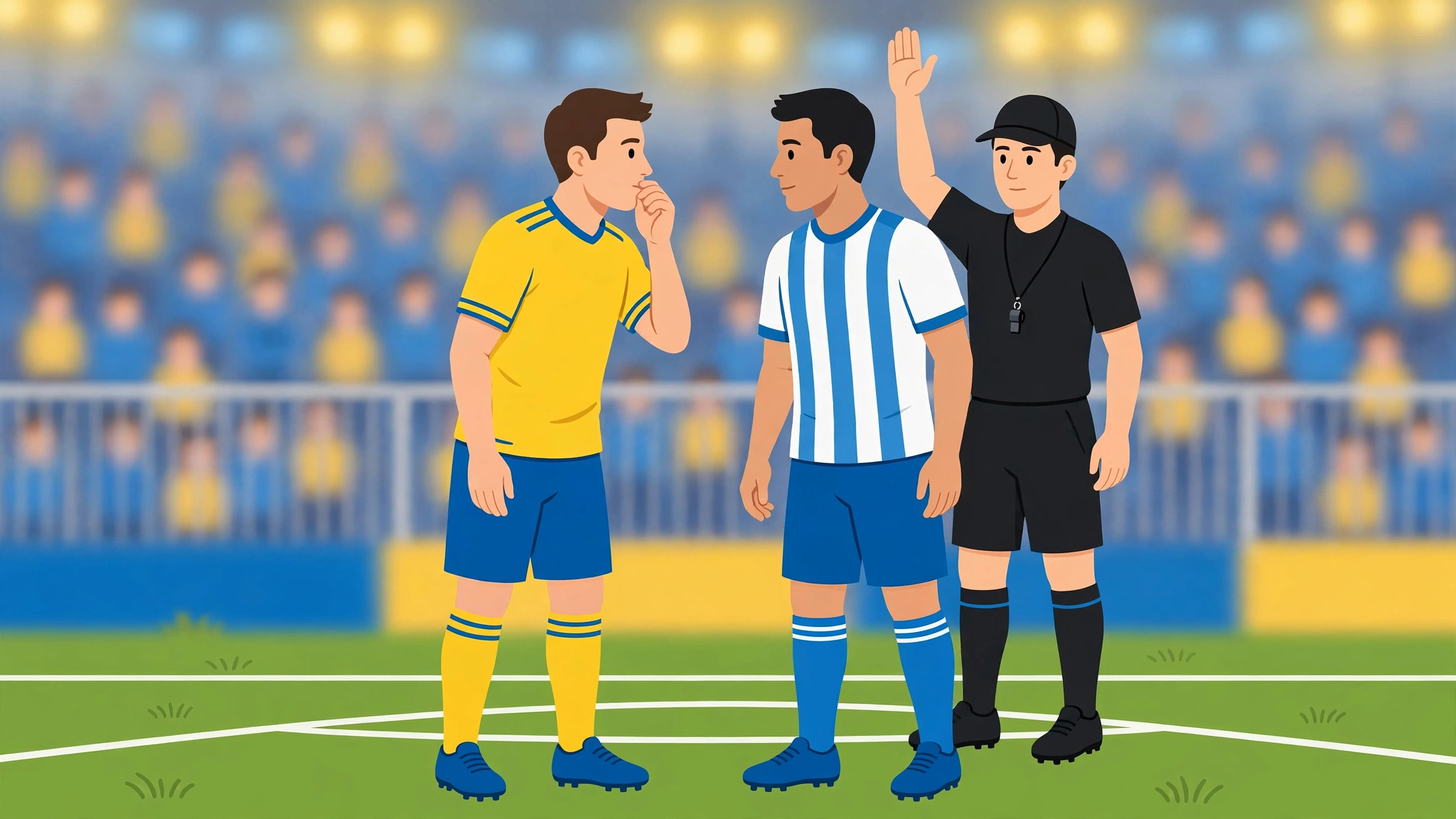 Illustration of a player covering his mouth while speaking to an opponent as a referee watches