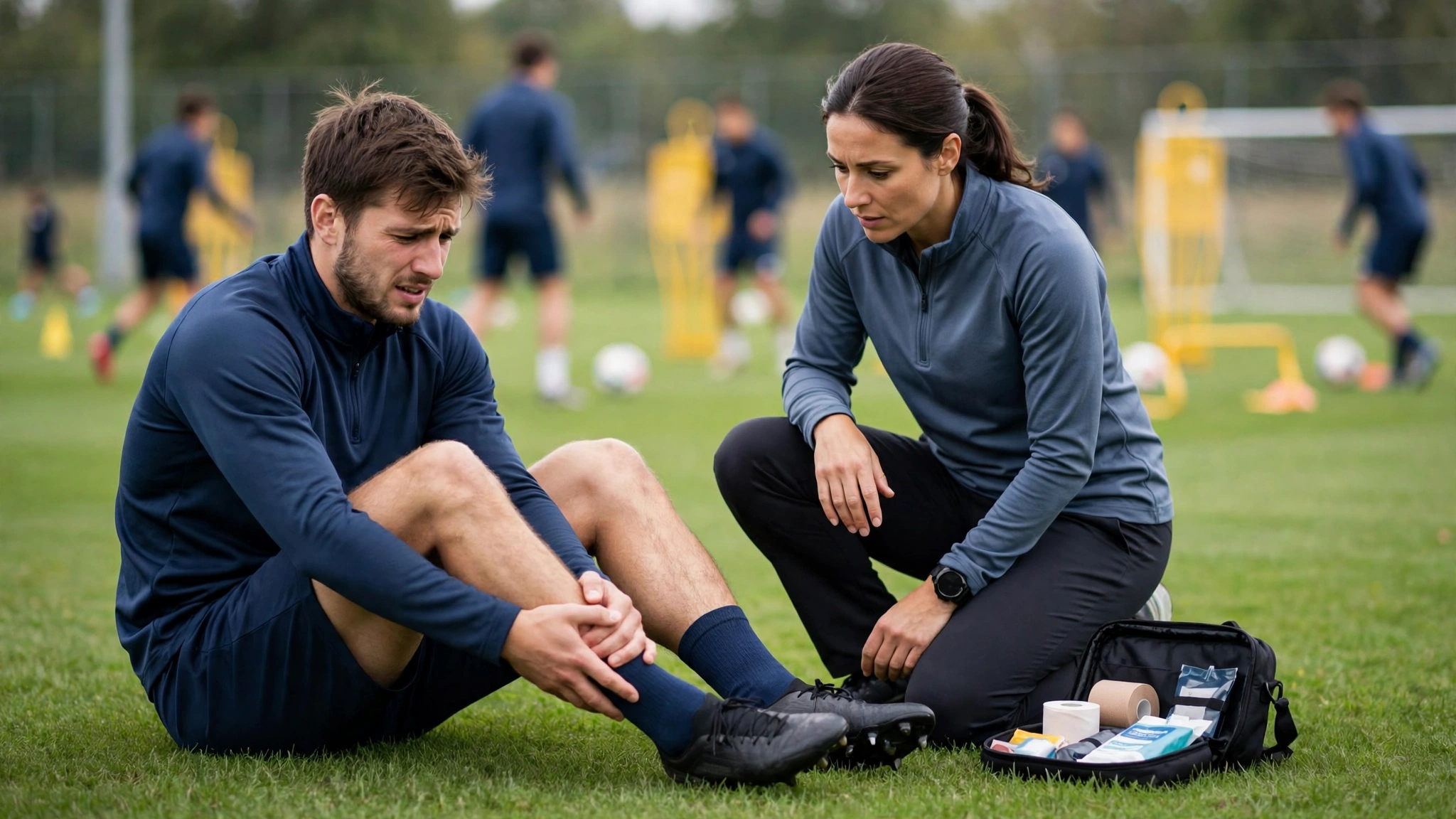 Soccer player holding his ankle on a training pitch with a physio